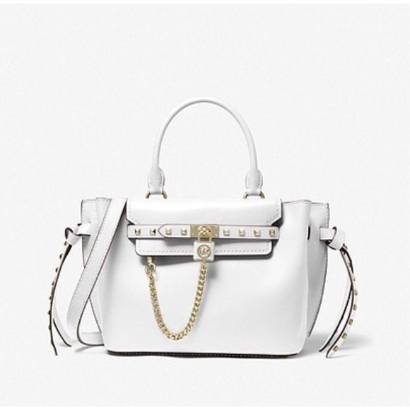 Michael Kors Handbags - Michael Kors Hamilton Legacy Small Studded Leather Belted Satchel - Optic White